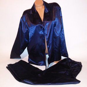 Katelyn Court Large Navy Blue Solid Top &‎ Bottom Pants Long Sleeve Button Front